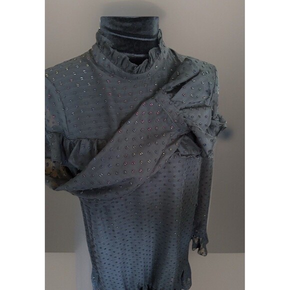 Betsey Johnson Black Rainbow Clip Dot Ruffled Dress High Neck Sheer Size 10 Midi - Picture 6 of 12